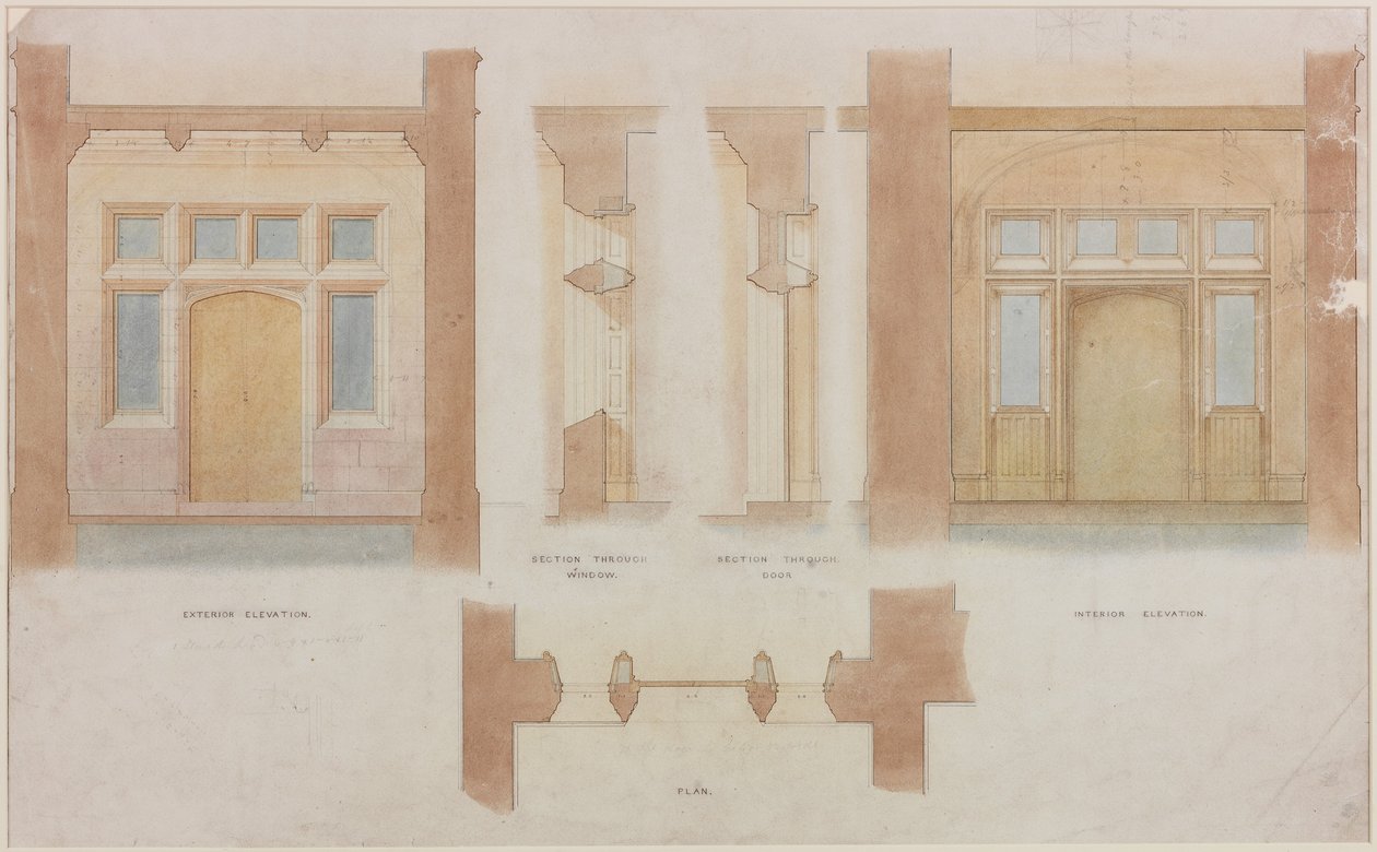 Holme Eden Ana Girişinin Yükselti, Kesiti ve Planı (kağıt üzerine mürekkep ve suluboya (kağıt üzerine)) by John Dobson