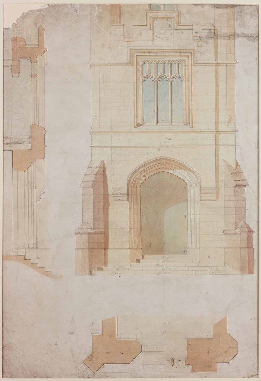 Elevation, Section and Plan of the Main Entrance of Holme Eden (pen and ink and wash (blue and brown and yellow) on paper (on paper)) by John Dobson