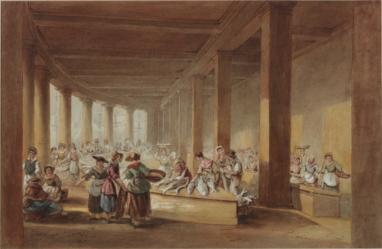 Eski Balık Pazarı, Sandhill, Newcastle upon Tyne (bc, kağıt üzerinde kalem ve mürekkep) by John Dobson
