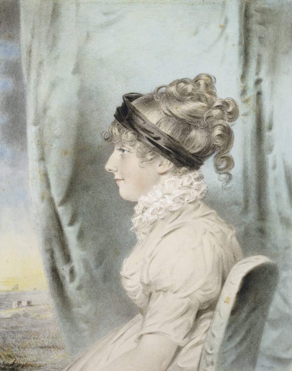 Eliza Holdsworth Olarak Tanımlanmış, Oturmuş, Yarım Boy, Sol Profilde, Beyaz Elbiseli ve Siyah Saç Bantlı, Perdelik Yanında, Ötesinde Sahil Manzaralı, Bir Hanımın Portresi, 1804 by John Dowman
