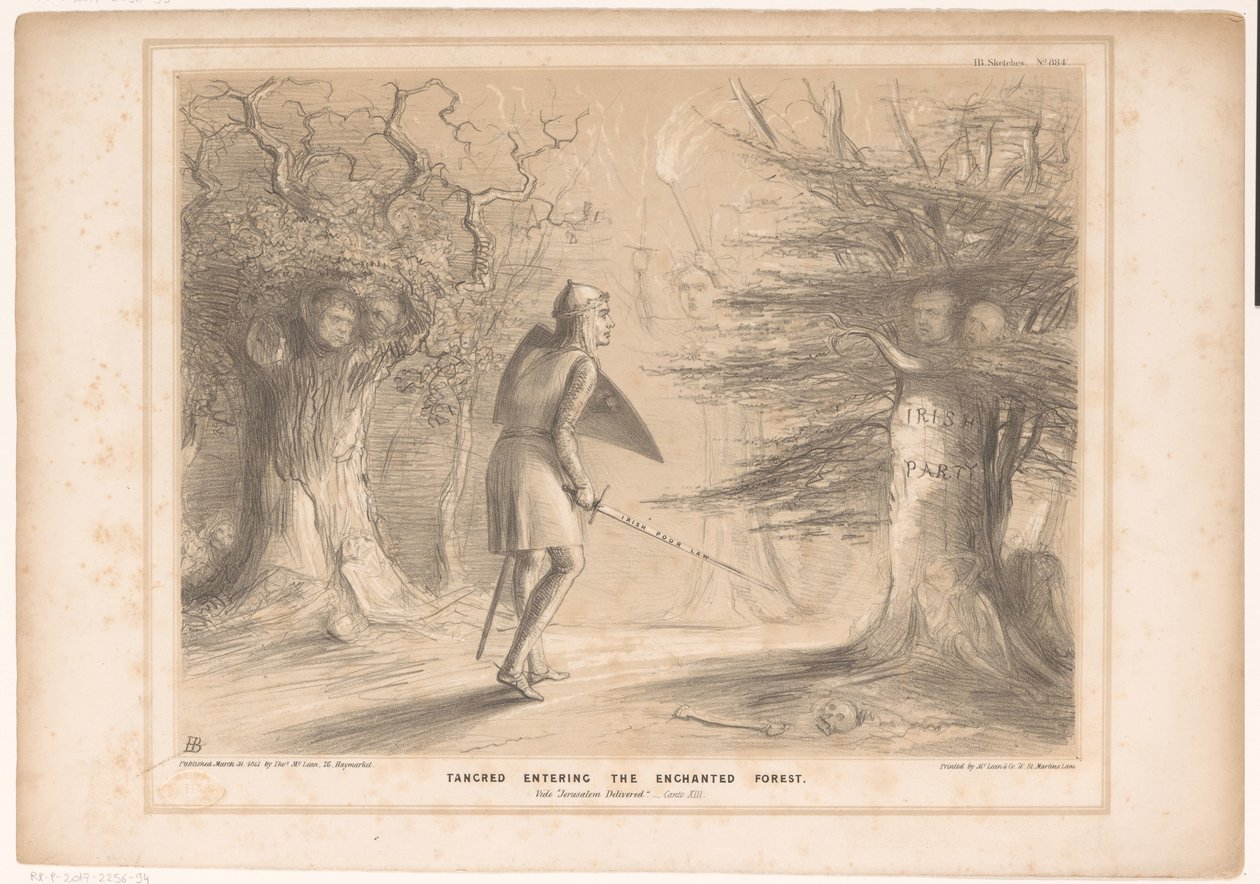 Spotpret, Lord Russell als Tancredi ile görüştü Tankred büyülü ormana giriyor. Vide Kudüs Teslim Edildi. Canto XIII (nesne üzerindeki başlık) HB Sketches (nesne üzerinde seri başlığı) by John Doyle