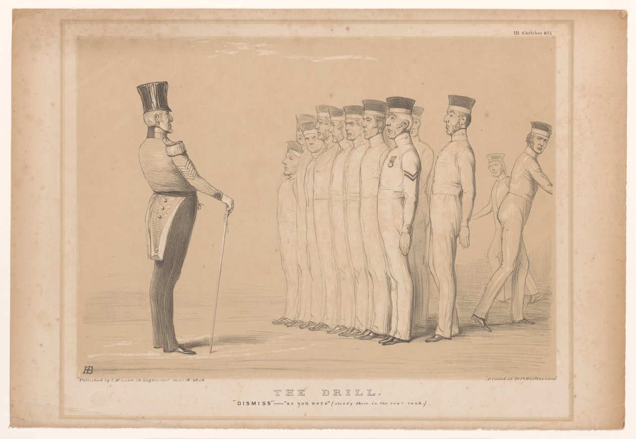 Spotpret, önde gelen Peel als militaire eğitmeniyle bir araya geldi Matkap. Kapat - olduğun gibi (orada arka sırada sabit.) (nesnedeki başlık) HB Sketches (nesne üzerinde seri başlığı) by John Doyle