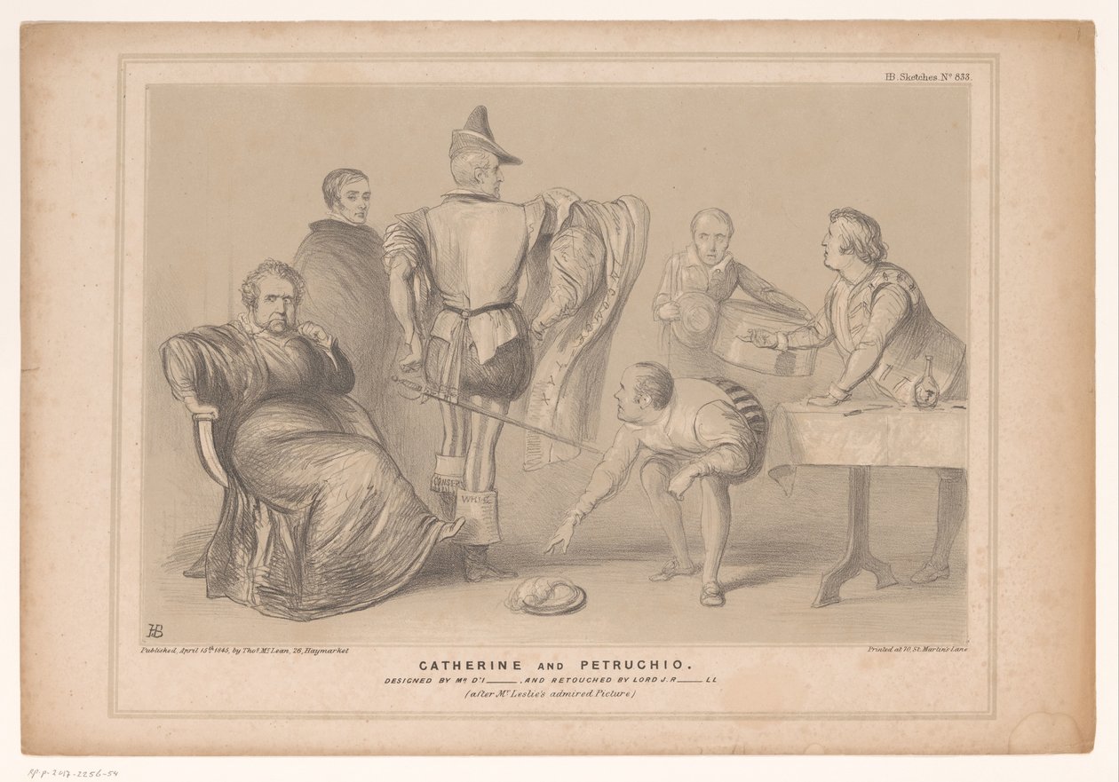 Spotpret, başbakan Robert Peel ve Joseph Hume Catherine ve Petruchio ile bir araya geldi. Bay D'I tarafından tasarlandı ve Lord JR-ll tarafından rötuşlandı / (Bay Leslie'nin beğenilen Resminden sonra (nesne üzerine başlık) HB Sketches (nesne üzerin by John Doyle