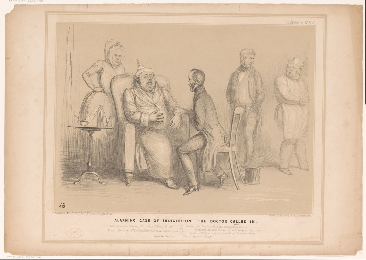 John Bull'un doktor tarafından ziyaret edildiği çizgi film Korkutucu bir hazımsızlık vakası: doktor çağrıldı (nesne üzerine başlık) HB Sketches (nesne üzerine seri başlığı) by John Doyle