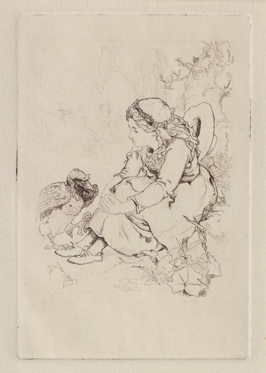 Oturan Kız ve Büyük Kuş (gravür) by John Duncan