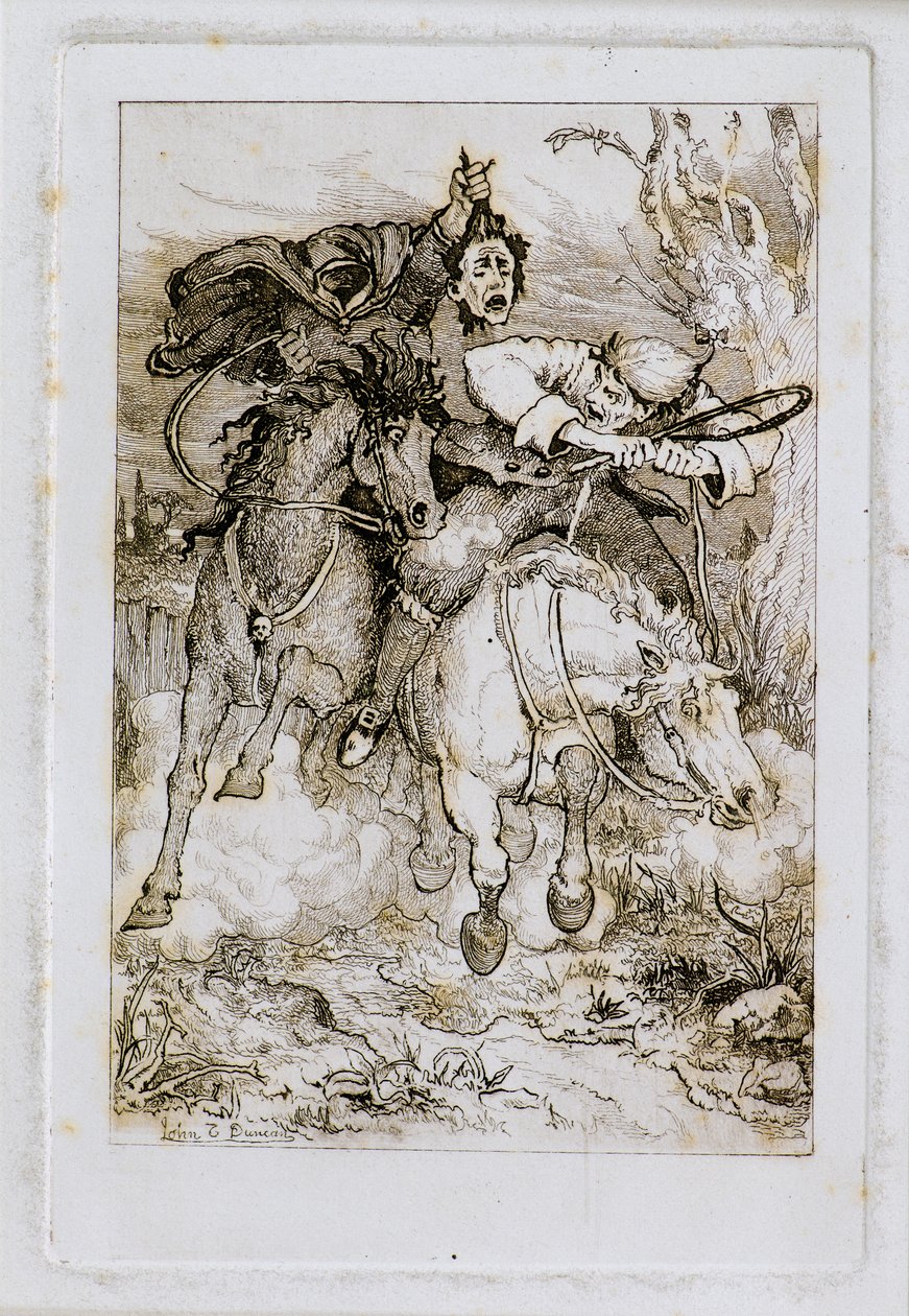 İki Dörtnala Atlı [biri kendi başını taşıyor] (gravür) by John Duncan