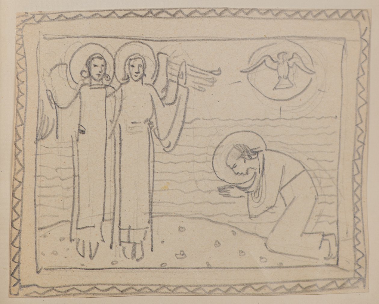 İsimsiz [Diz çöken figür ve iki melek] (kalem) by John Duncan