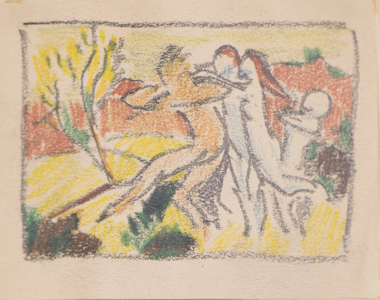 İsimsiz [Bir erkeği geri tutan üç kadın figürü] (kalem) by John Duncan
