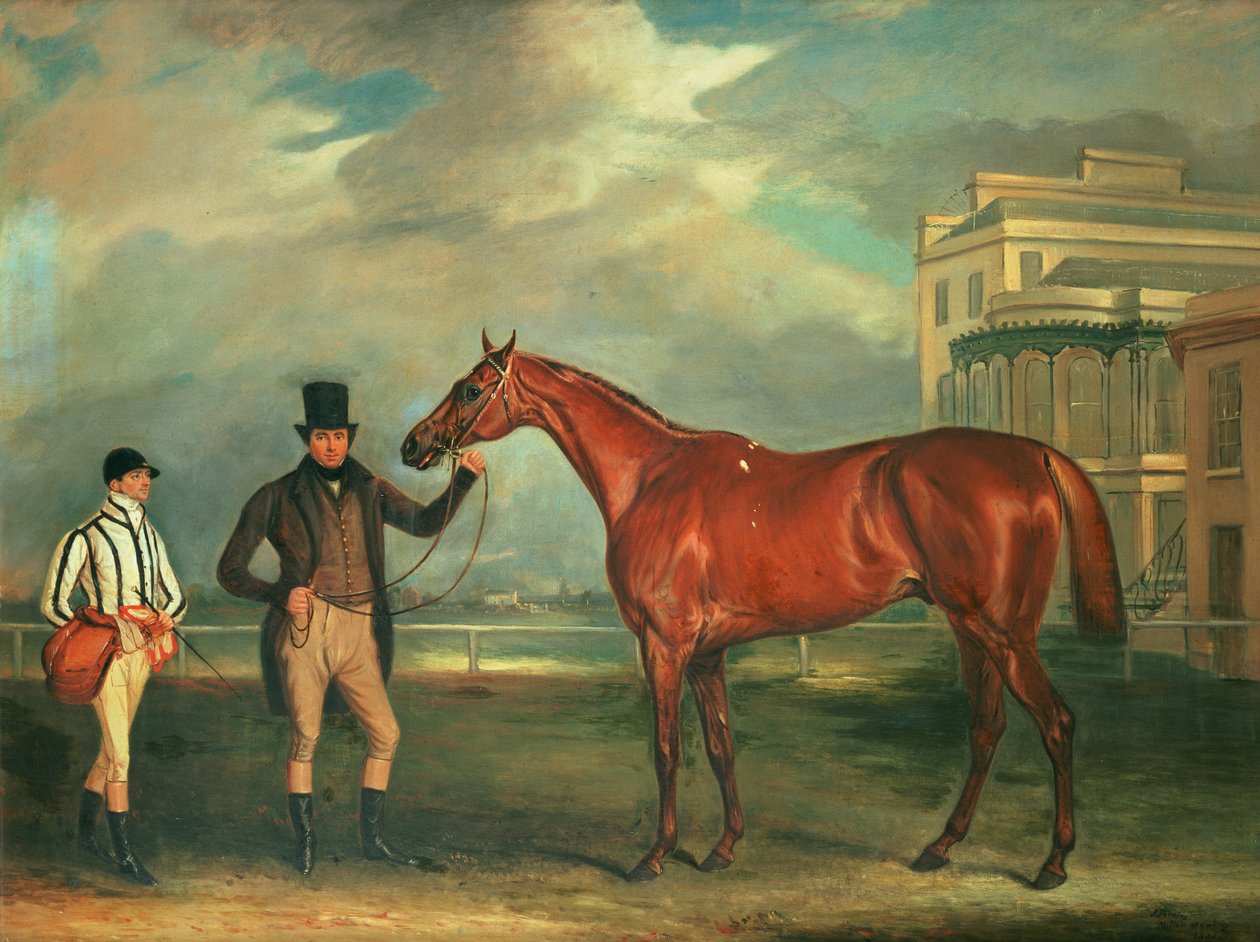 General Chasse, antrenörü tarafından alıkonulan kestane rengi bir yarış atı, jokeyi J. Holmes ile Aintree hipodromu üzerinde duruyor, 1835 by John E. Ferneley
