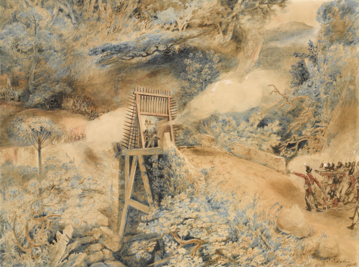 3. Batı Hindistan Alayı, Ile de Cabret veya Terre d'en Haut'ta bir köprü başında Fransız birliklerine ateş açtı, Nisan 1809 by John Eckstein