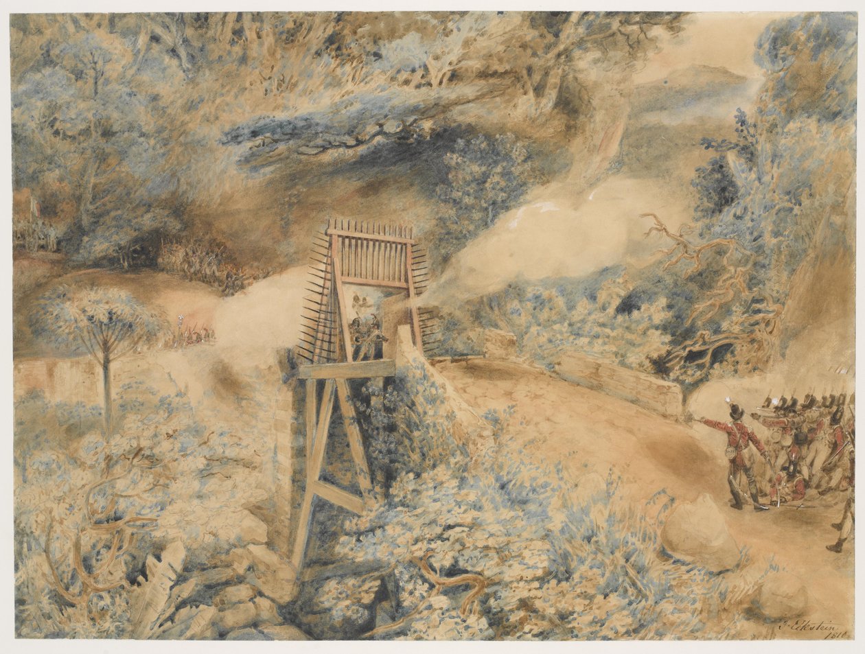 3. Batı Hindistan Alayı, Ile de Cabret veya Terre d'en Haut'ta bir köprü başında Fransız birliklerine ateş açtı, Nisan 1809 (kağıt üzerine suluboya) by John Eckstein