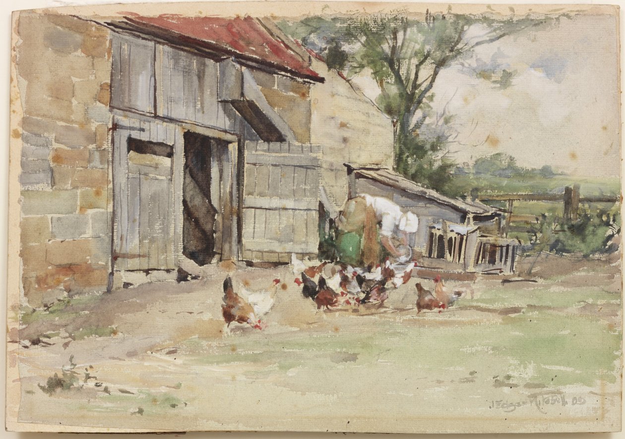 Tavukları Besleme, 1909 (kağıt üzerinde wc) by John Edgar Mitchell