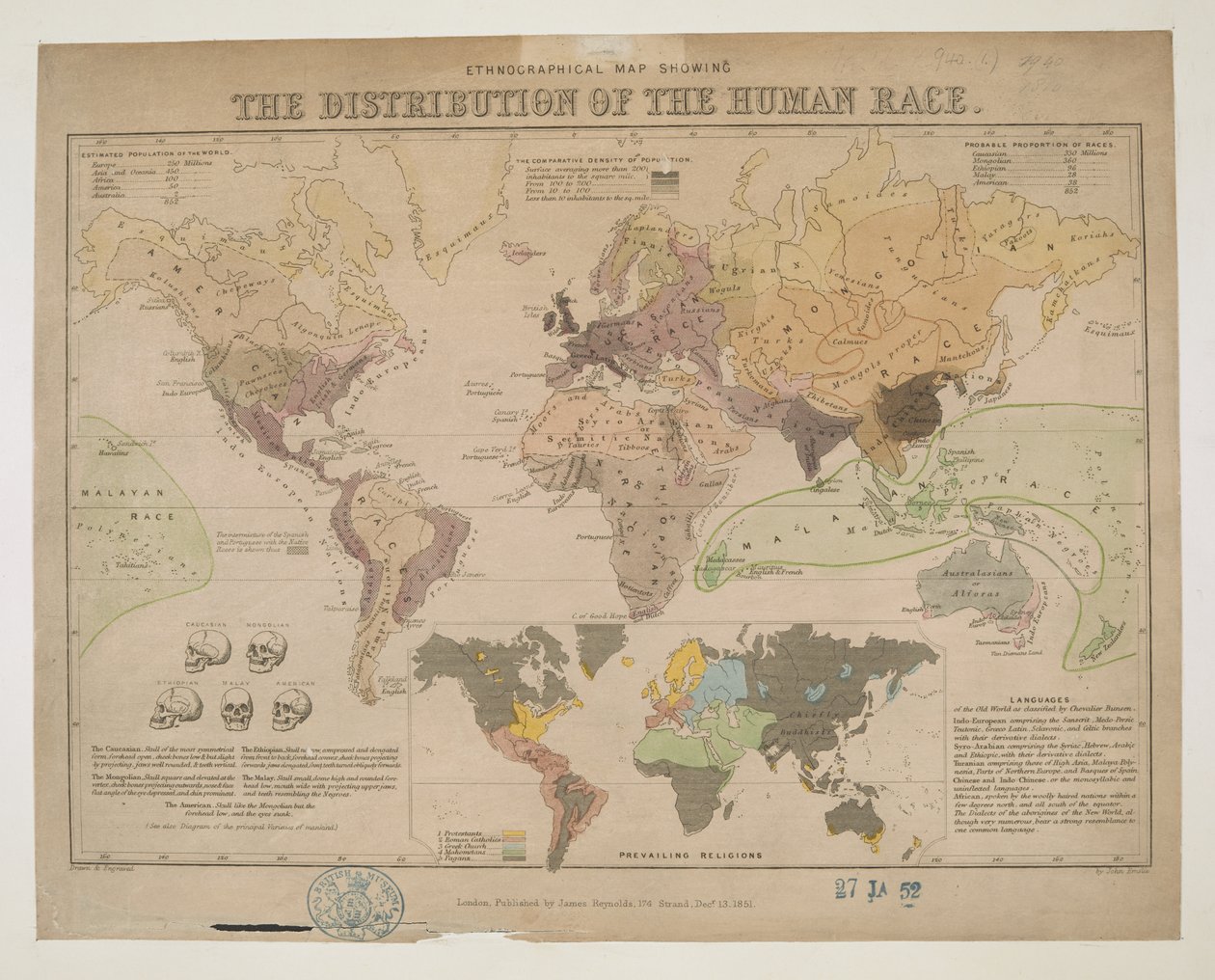 İnsan Irkının dağılımını gösteren Etnografik Harita by John Emslie
