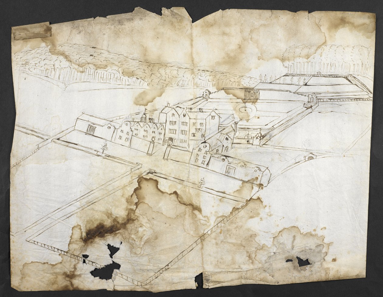 Ekle. 78610 (i) Kuzeybatıdan bahçe, mağara ve çevresi ile Wotton Prospect, c.1650 (kağıt üzerinde kalem ve mürekkep) by John Evelyn