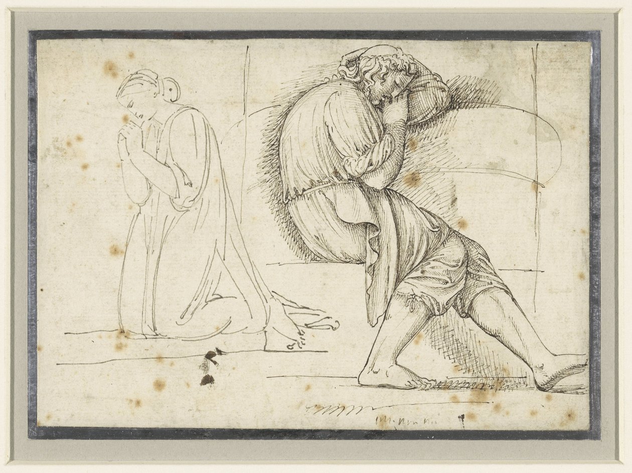 Uyuyan genç bir adam ve diz çökmüş dua eden bir kadınla çalışma sayfası by John Flaxman (II)