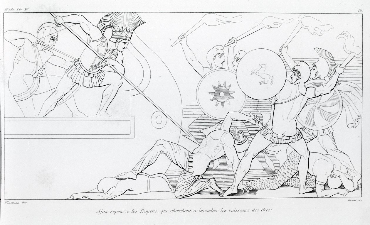 Ajax, Yunan gemilerini yakmaya çalışan Truva atlarını geri püskürtür. John Flaxman'ın (1755 - 1826) çizimi. Homeros'un İlyada'sı. Şarkı söylemek XV. by John Flaxman