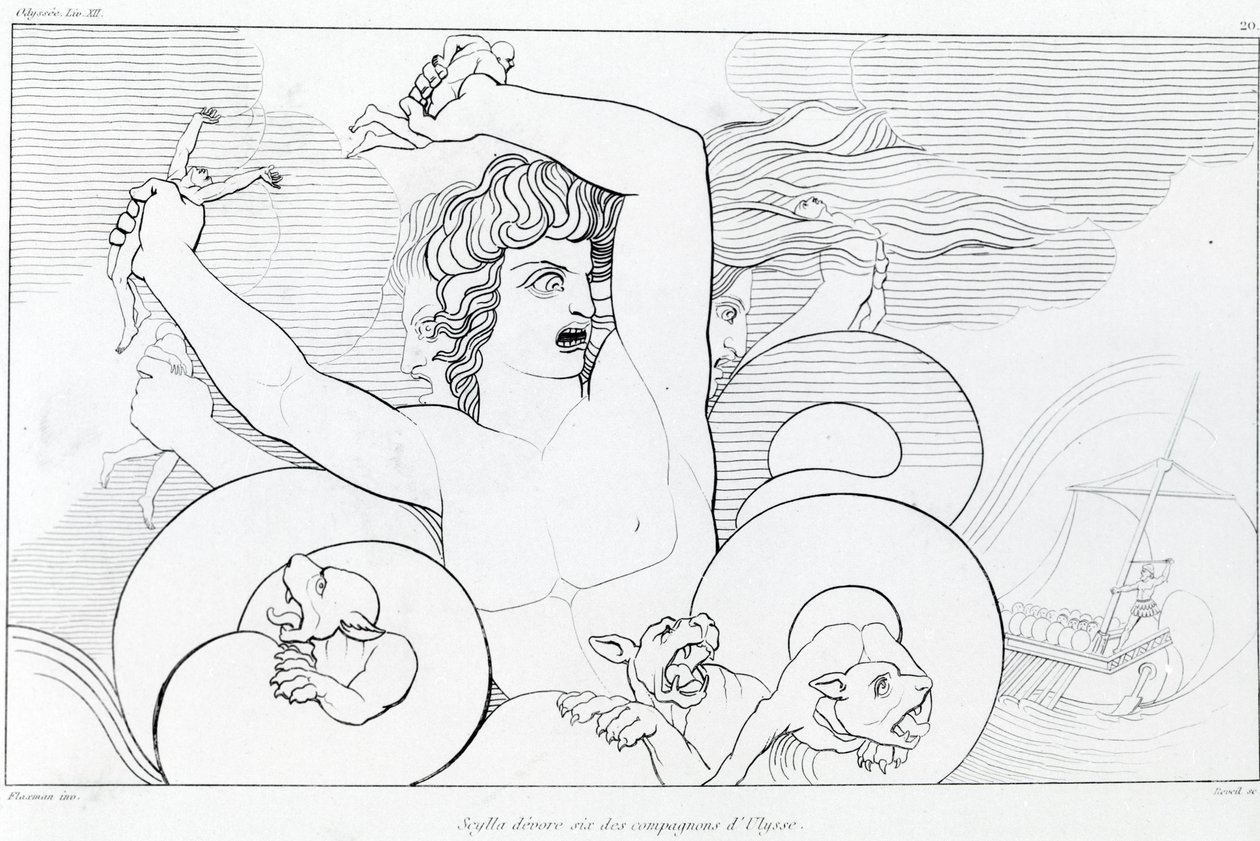 Charybde ve Scylla Bölümü: Ulysses'in altı arkadaşı yutulur. John Flaxman'ın (1755 - 1826) çizimi. Homeros'un Odyssey'i. Şarkı XII. by John Flaxman