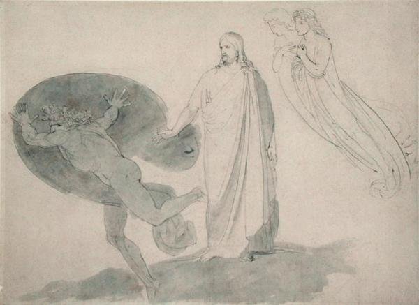 Get Thee Behind Me, Satan, c.1783-87 (kalem, tükenmez kalem, mürekkep ve kağıt üzerinde yıkama) by John Flaxman