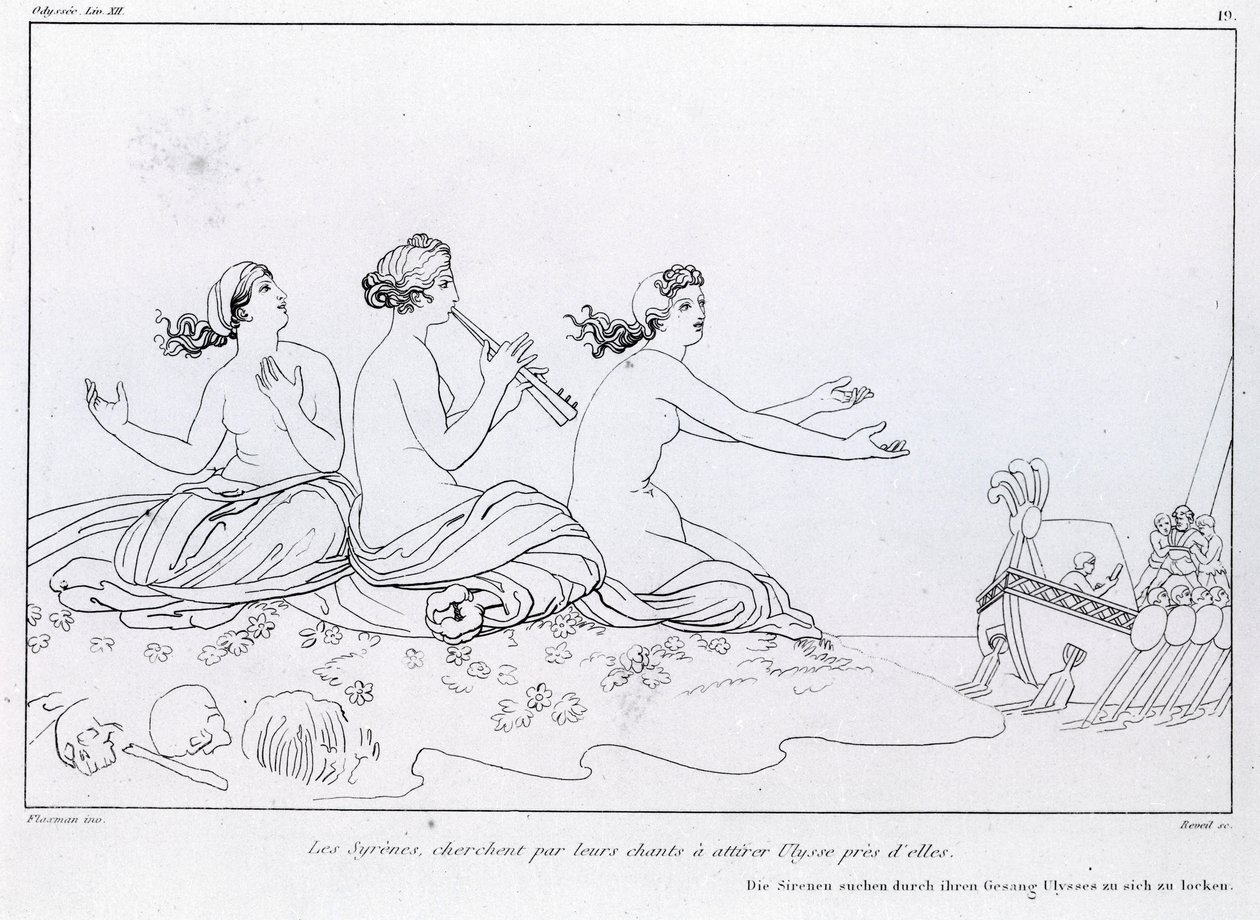 Deniz kızları, Ulysses'i cezbetmek için şarkılarıyla ararlar. John Flaxman'ın (1755 - 1826) çizimi. Homeros'un Odyssey'i. Şarkı XII. by John Flaxman