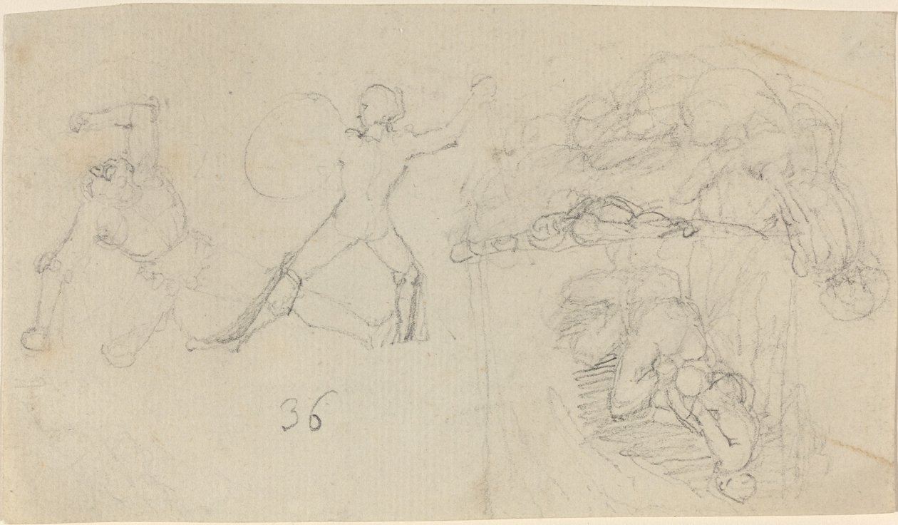 Dövüşen İki Savaşçı Dahil Eskizler Sayfası by John Flaxman