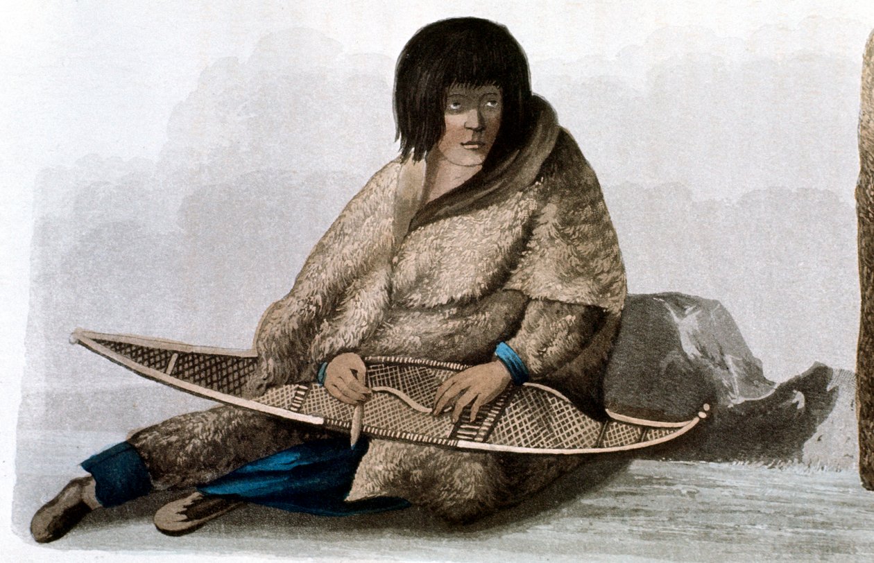 Kar ayakkabısını tamir eden bakır Kızılderili kız, 1823 by John Franklin