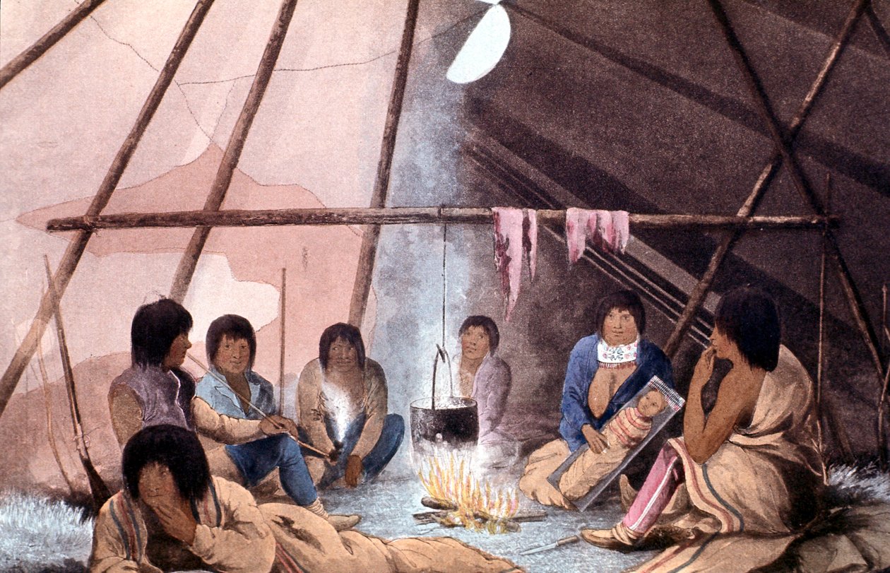 Cree Kızılderili çadırının içi, 1823 by John Franklin