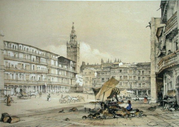 Plaza de San Francisco, Sevilla, Charles Joseph Hullmandel (1789-1850) tarafından oyulmuş 