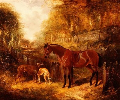 Ormanlık bir nehir manzarasında eyerli bir defne midillisi ve tazı by John Frederick Herring Jnr