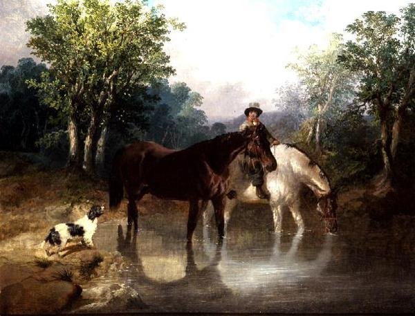 Bir dere kenarında iki at, bir adam ve bir köpek by John Frederick Herring Jnr