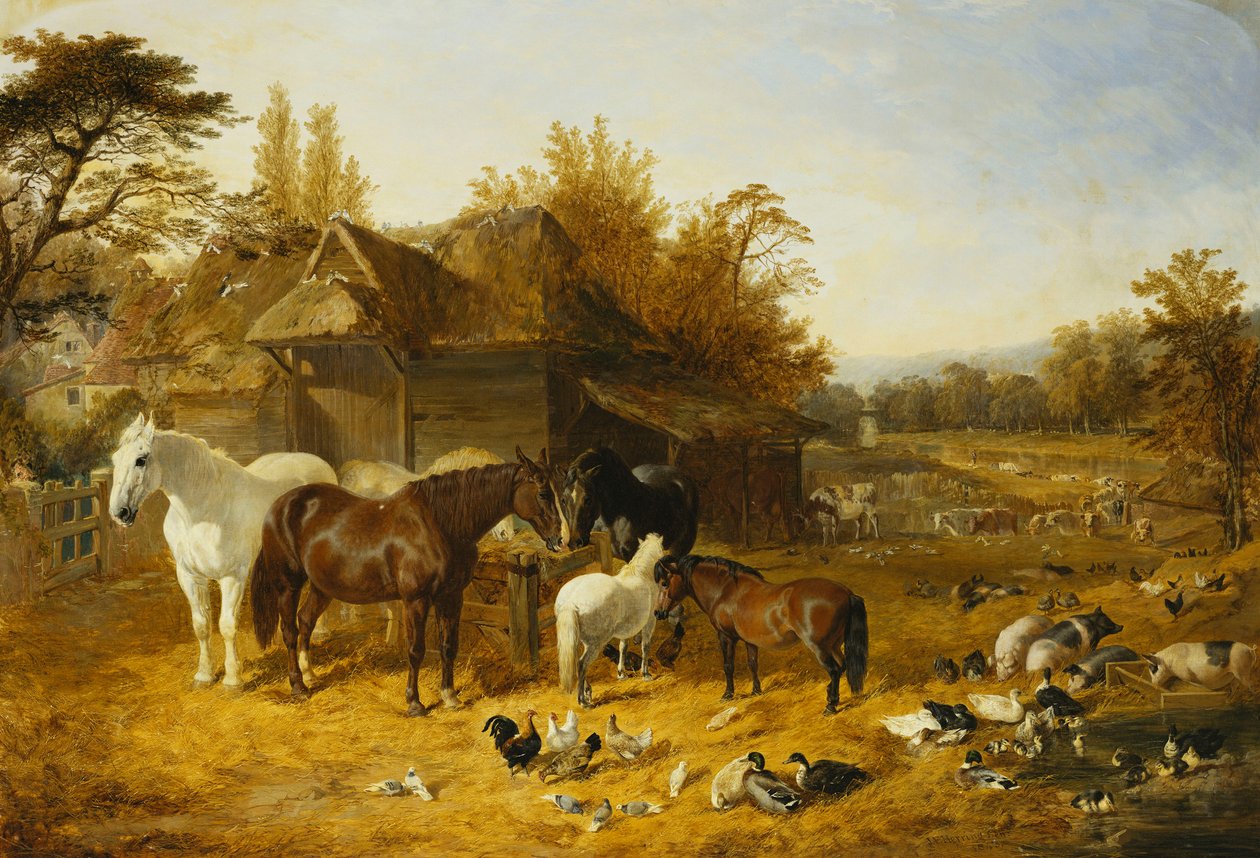 Atlar ve Midilliler, Berkshire, Saddlebacks, Alderney Shorthorn Sığırları, Bantams, Yeşilbaş ve Gine Tavuğu olan Bir Çiftlik, Uzakta Bir Nehir Kenarında Bir Köy Konağı ile, 1853 by John Frederick Herring Senior