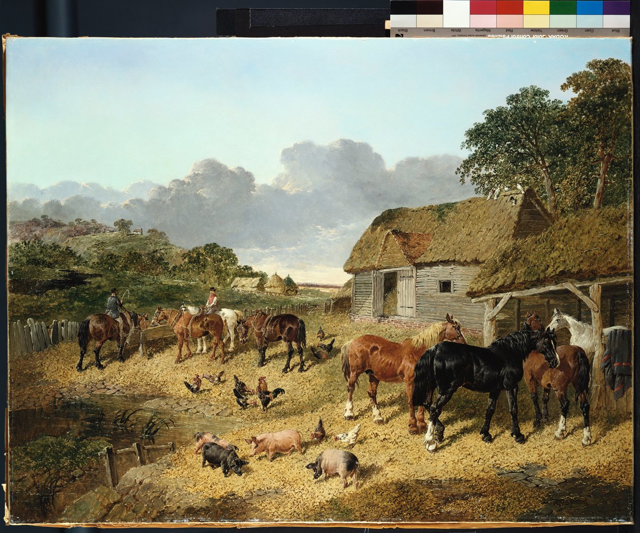 Bir çiftlik bahçesinde domuzlar ve tavuklar ile bir su oluğundan içme atlar by John Frederick Herring Junior