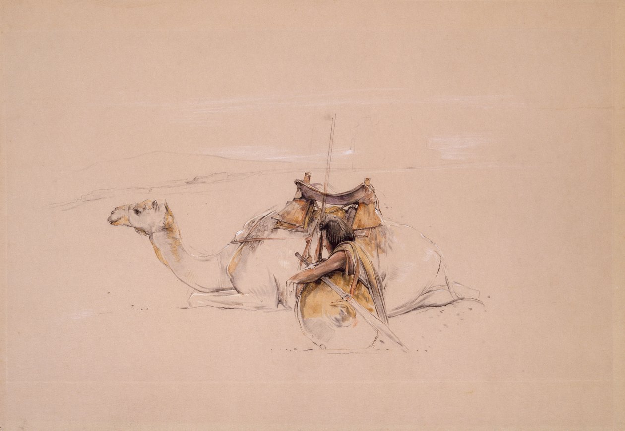 Devesinin yanında bir Bisharin Arap (kalem ve sulu boya) by John Frederick Lewis