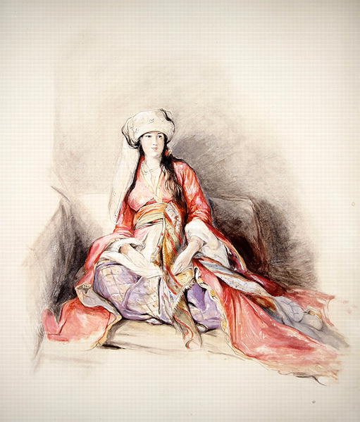 Türk Elbiseli Bir Levanten Hanım, Konstantinopolis (kalem üzerine suluboya, gövde rengiyle yükseltilmiş) by John Frederick Lewis