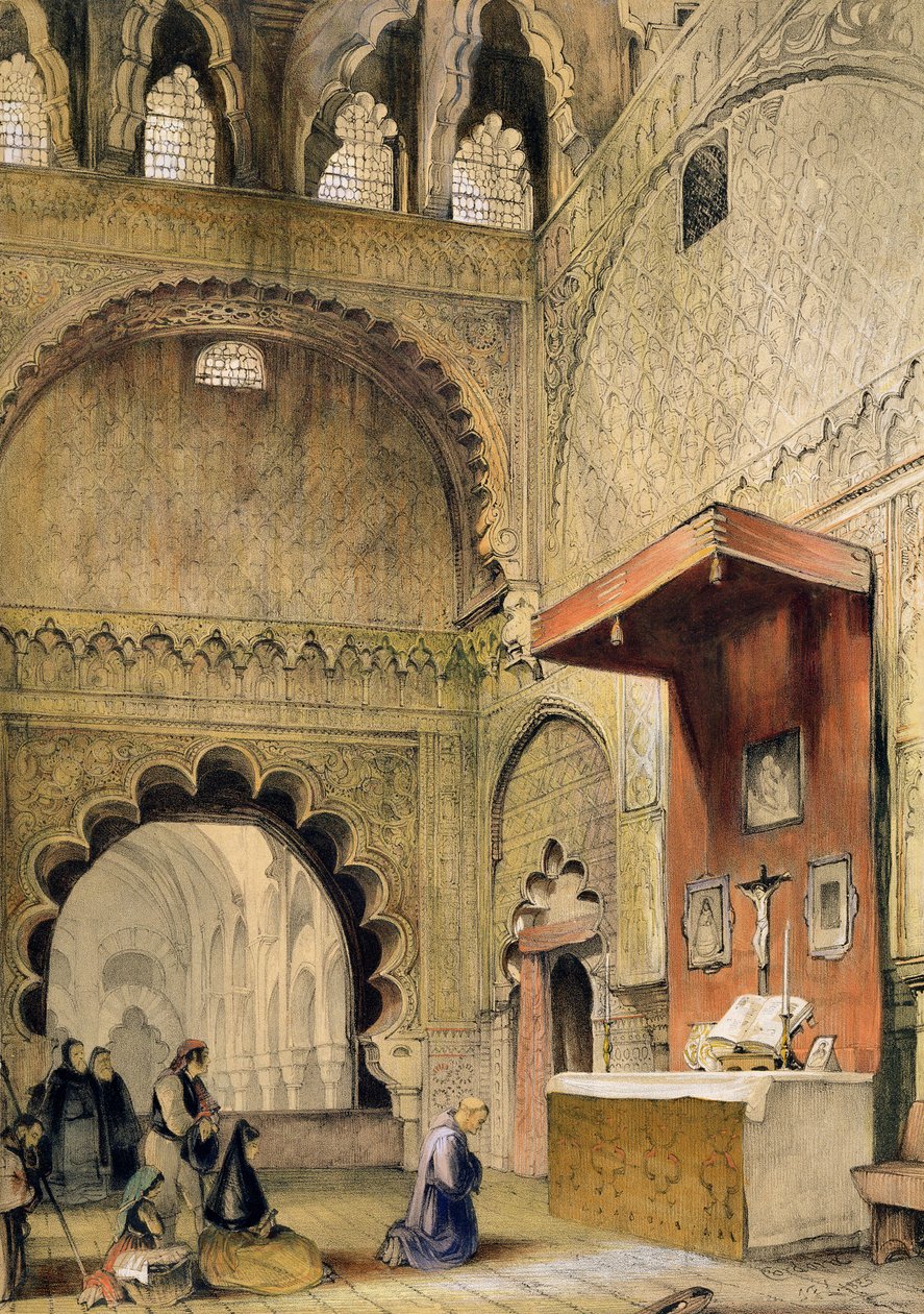 Cordoba: Charles Joseph Hullmandel (1789-1850), 1836'da yayınlanan 'İspanya Eskizleri'nden Cami'deki bir Hıristiyan sunağında dua eden keşiş by John Frederick Lewis