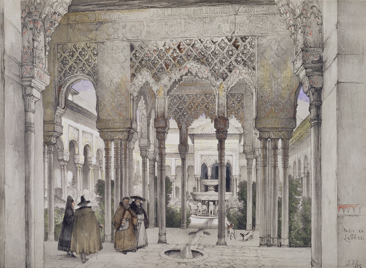 William Gauci (fl.1825-54), 1834 tarafından oyulmuş 'Elhamra Eskizleri ve Çizimleri'nden Aslanlar Mahkemesi (Patio de los Leones), by John Frederick Lewis