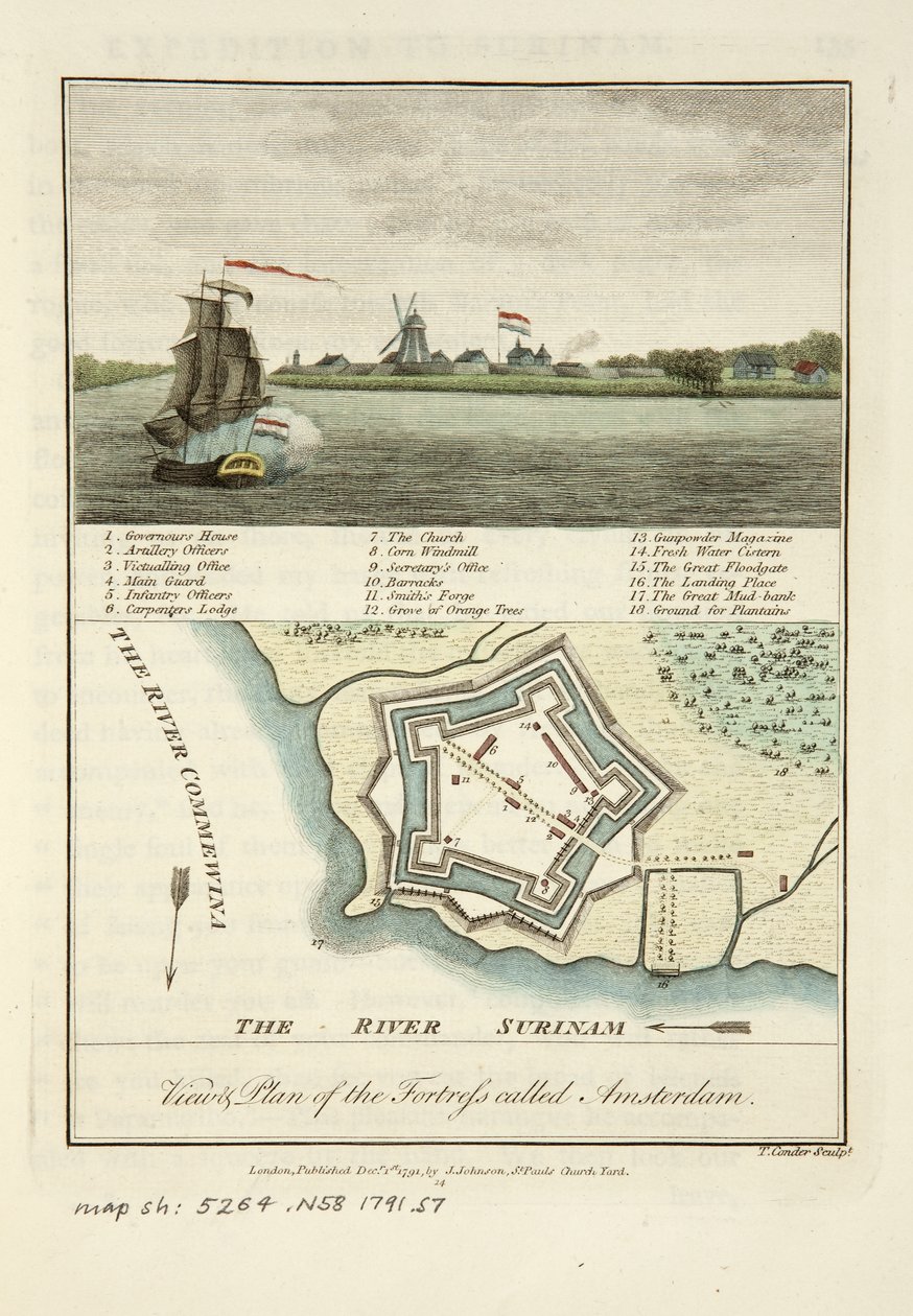 Amsterdam adlı kalenin manzarası ve planı by John Gabriel Stedman