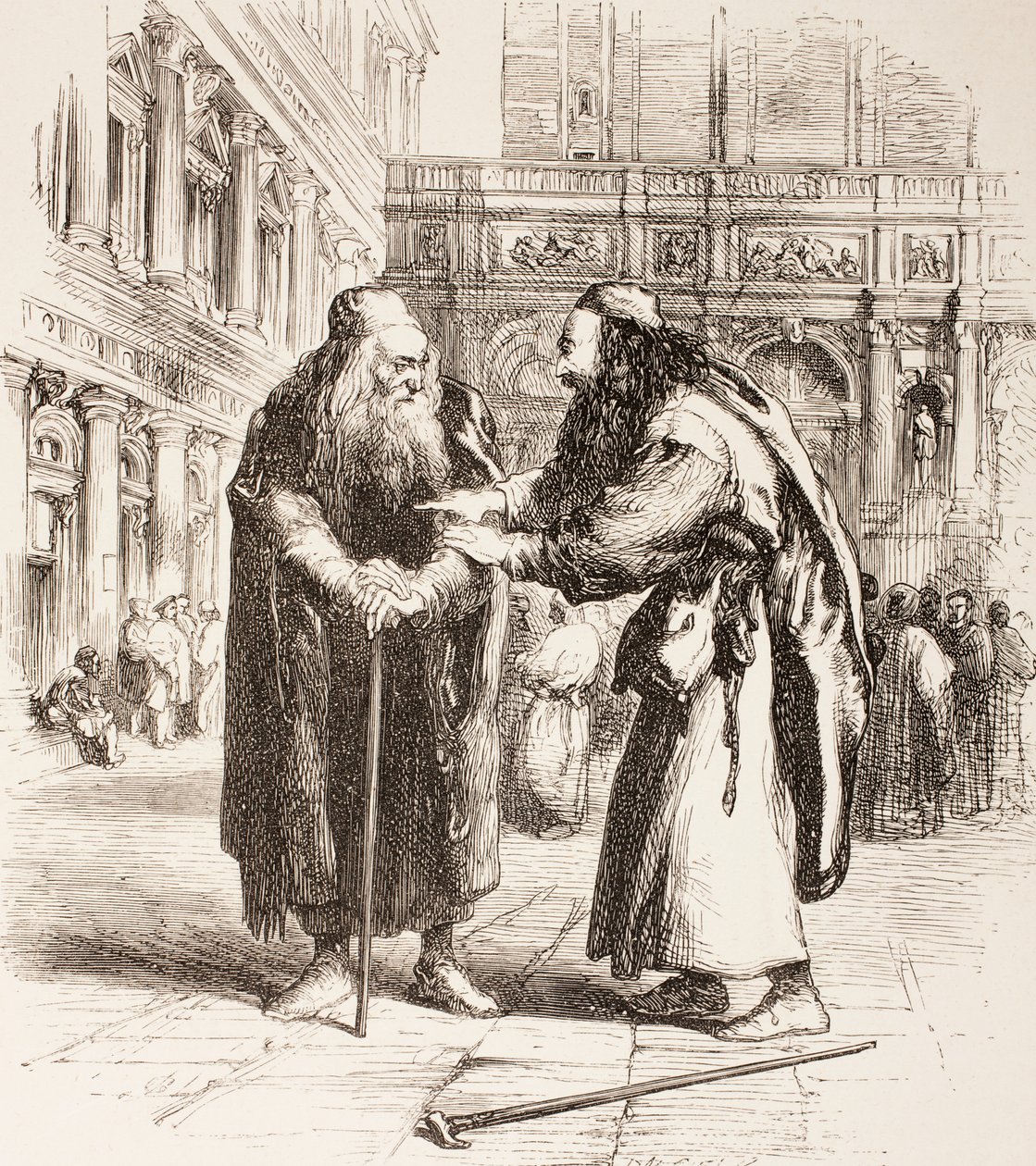Venedik Taciri için İllüstrasyon, Shylock ve Tubal sokakta buluşuyor, III. Perde, Sahne I, 