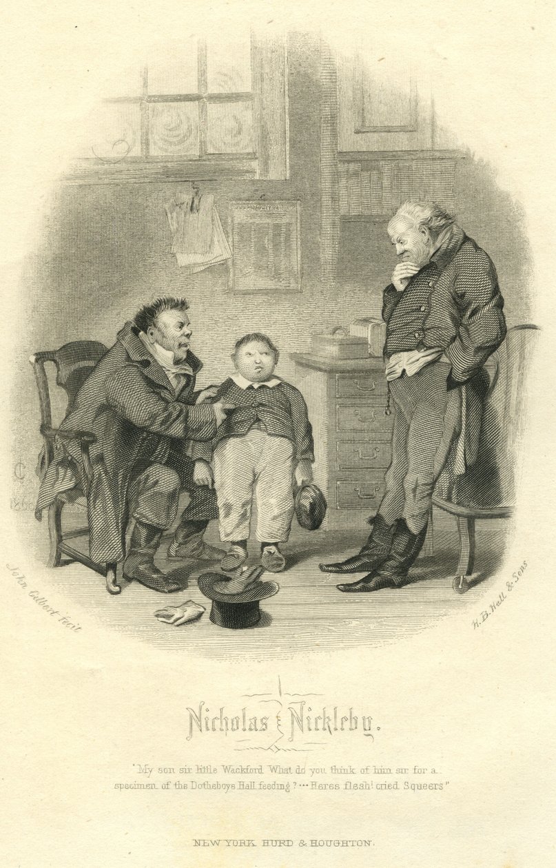 Nicholas Nickleby: Wackford Squeers ve Young Wackford Squeers, H.B. Salon ve Oğullar, 1867 by John Gilbert