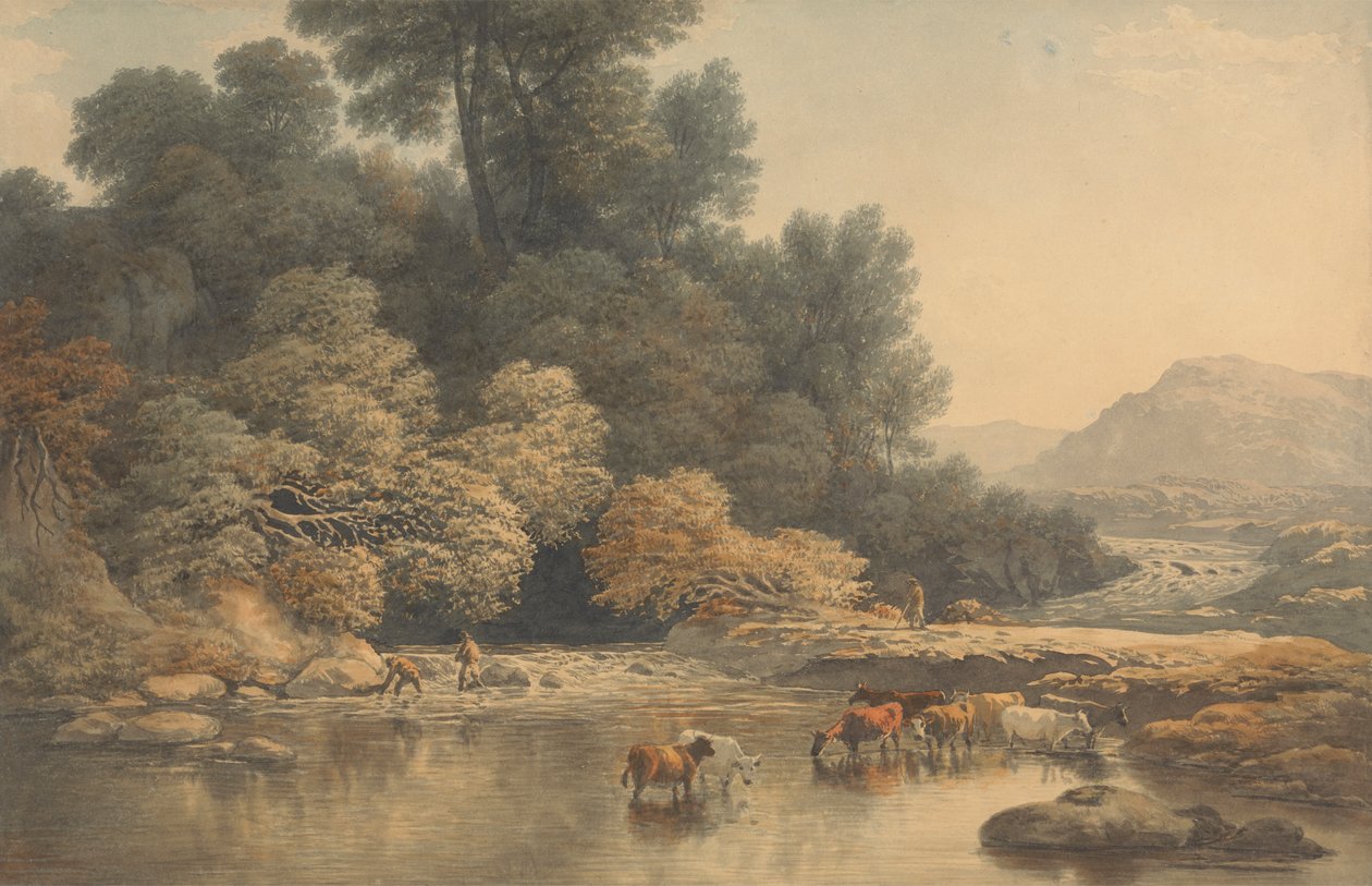 Nehir ve Sığırlarla Dağlık Manzara by John Glover