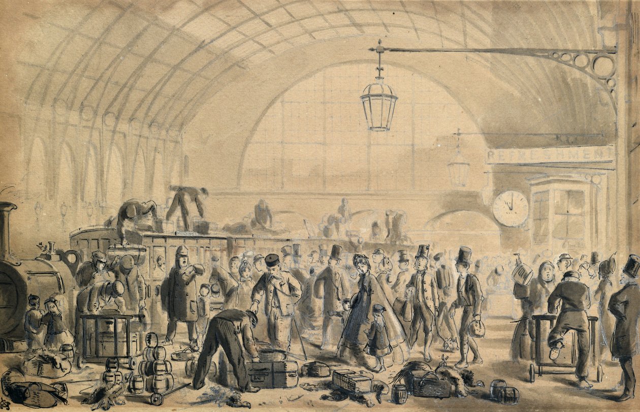 Kings Cross Station'da Noel Arifesi, 1870-90 dolayları (kağıt üzerine kalem ve yıkama) by John Gordon Thomson