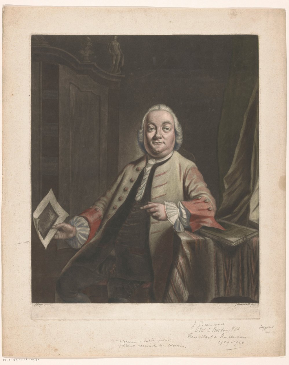 Elinde Gerrit Hagedooren'in evinin yağmalanmasının baskısı olan Simon Fokke'nin portresi, 1751 by John Greenwood