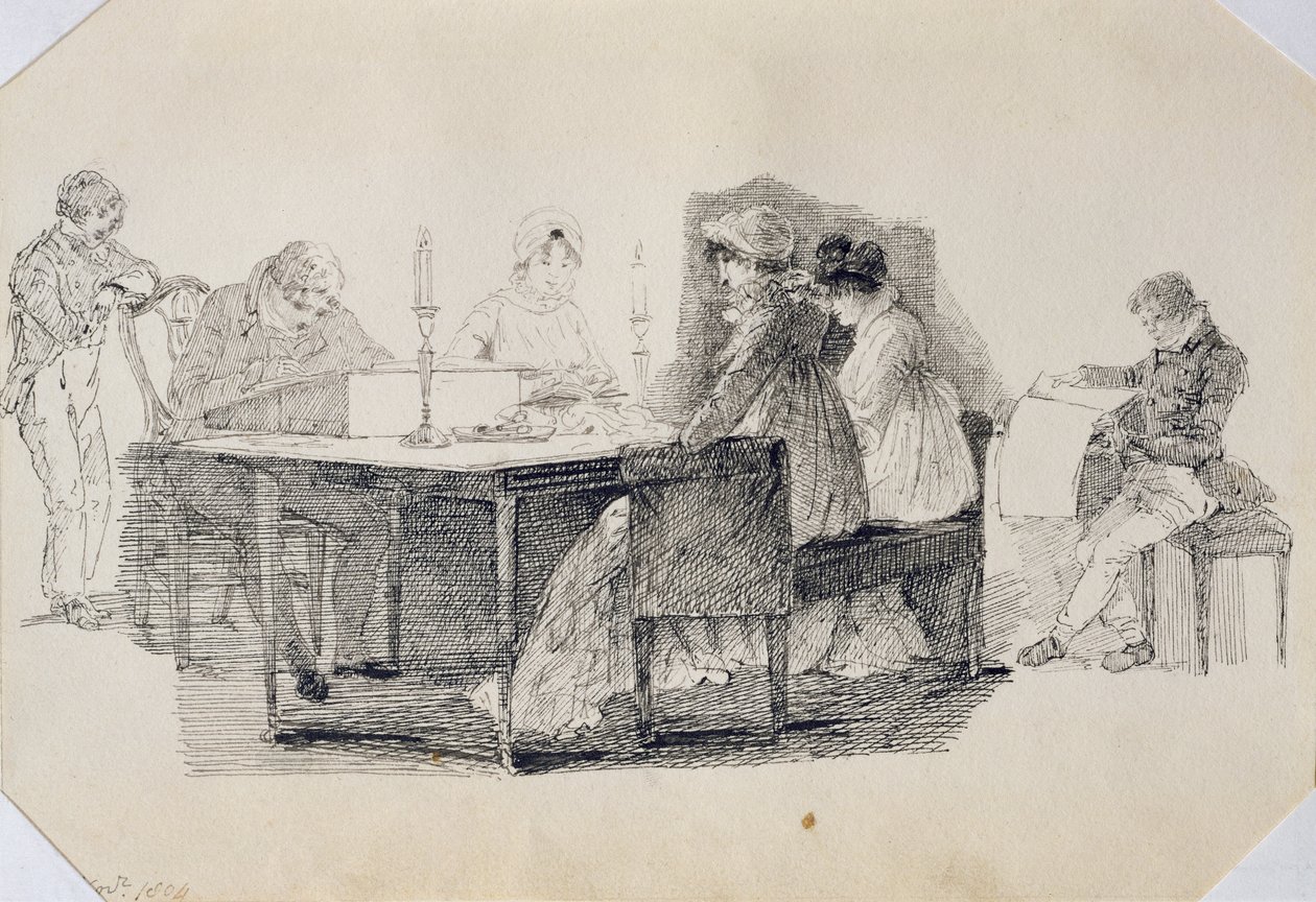 Evde Bir Akşam, 1804 (kağıt üzerine kalem ve mürekkep) by John Harden