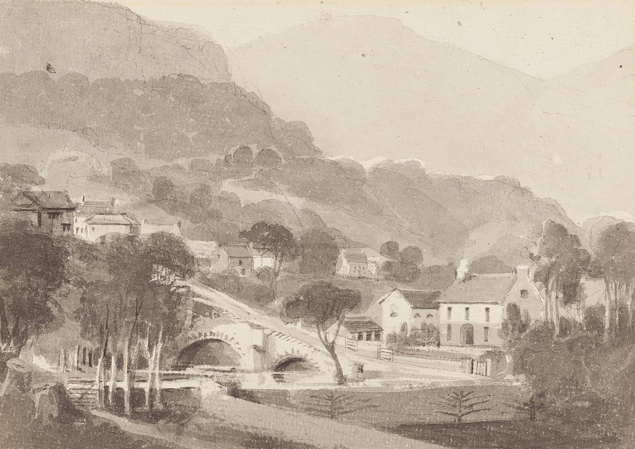 Brathay Bridge & Old Brathay, Lake District, Cumbria, 1820 (kağıt üzerinde wc) by John Harden