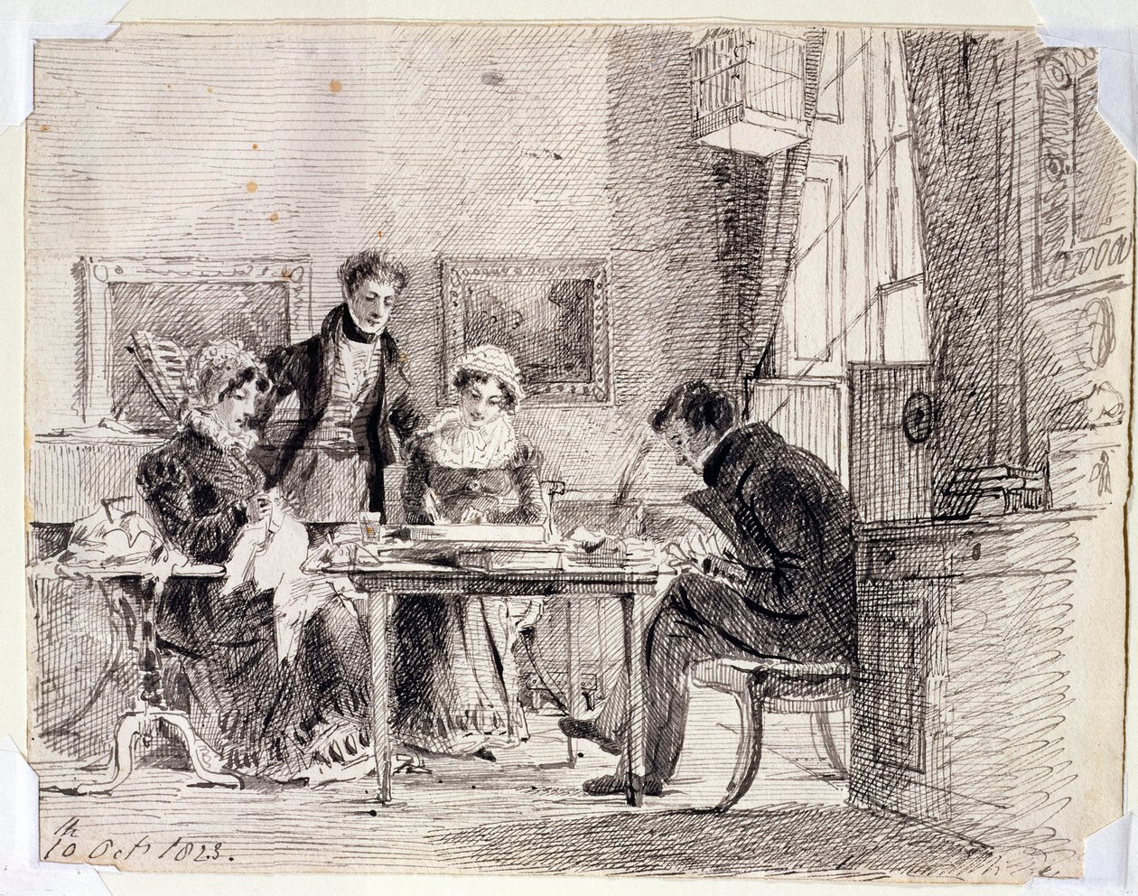 Aile grubu dikiş dikme ve okuma, 10 Ekim 1823 (kağıt üzerine kalem ve mürekkep) by John Harden