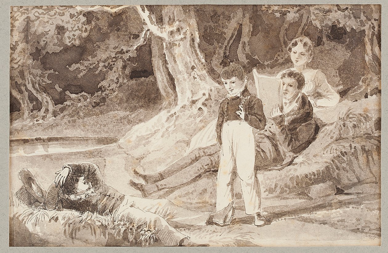 Sıcak bir günde ağaçların arasında dört figür, 1807 (kağıt üzerinde wc) by John Harden