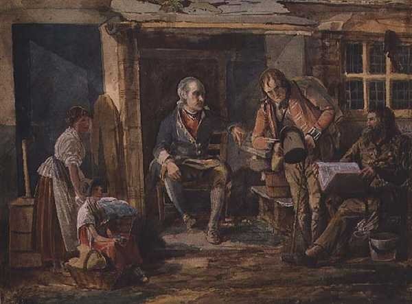 Bir kulübe kapısının dışında bir asker içeren grup (kağıt üzerine suluboya) by John Harden