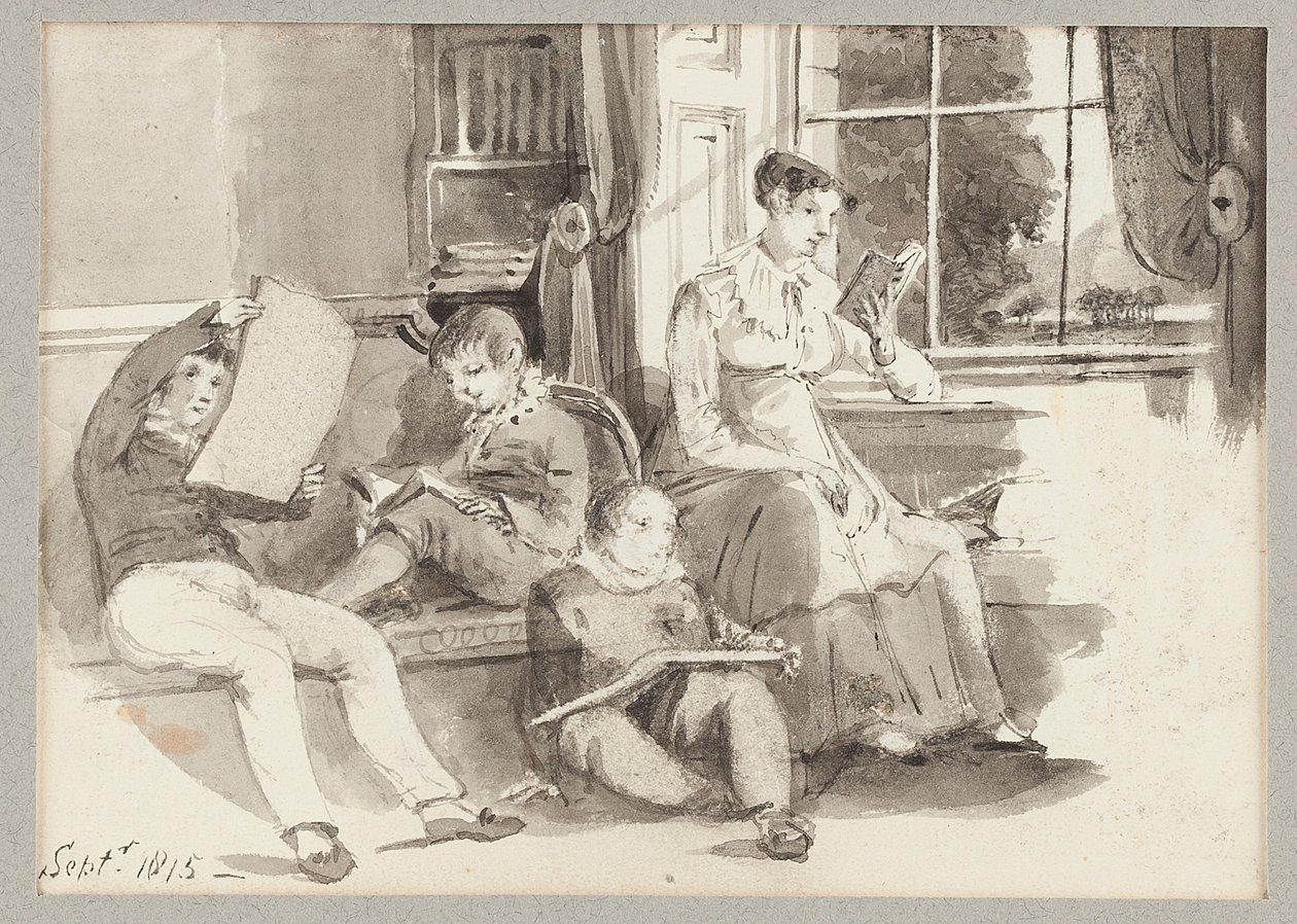 Jessy ve üç çocuk, 1815 (kağıt üzerinde wc) by John Harden
