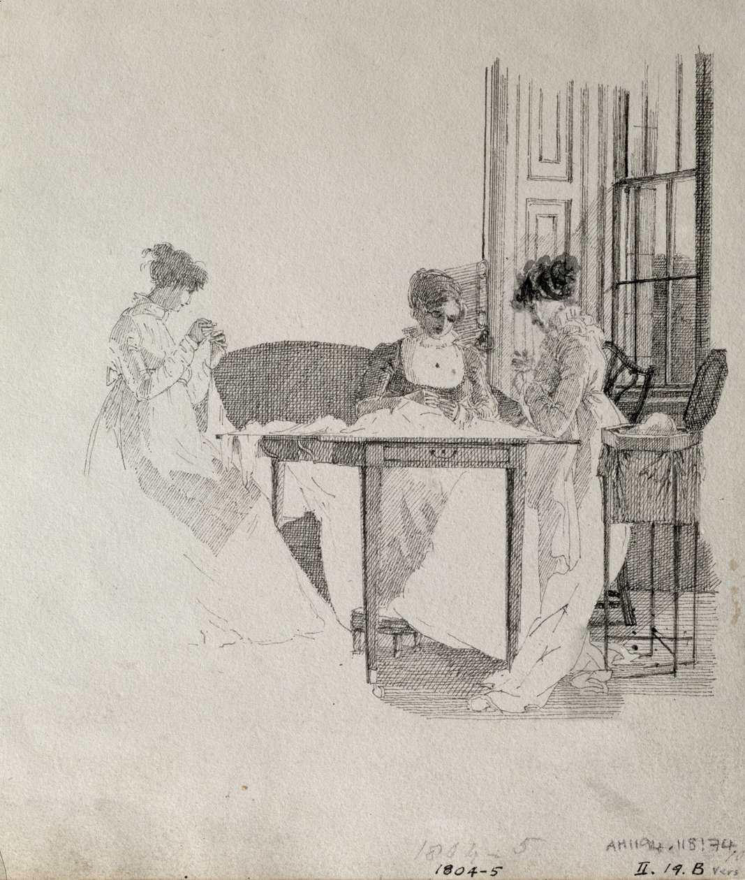 Bayan Dikiş, 1805 (kağıt üzerine kalem ve mürekkep) by John Harden
