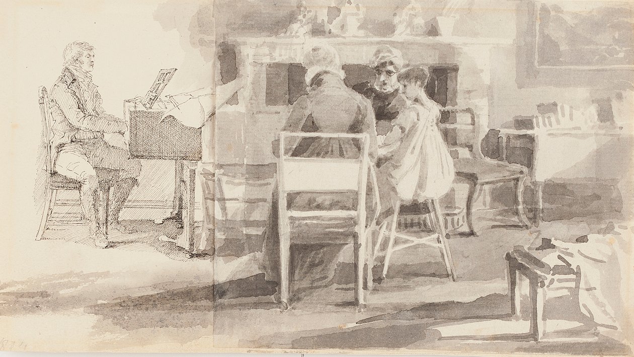 Piyanodaki adam ve diğer üç kişi oturuyor (kalem ve mürekkep, kağıt üzerine sulu boya ile) by John Harden