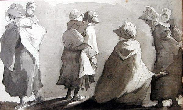 Çocuklarını Taşıyan Anneler (kağıt üzerine kalem ve mürekkep yıkama) by John Harden